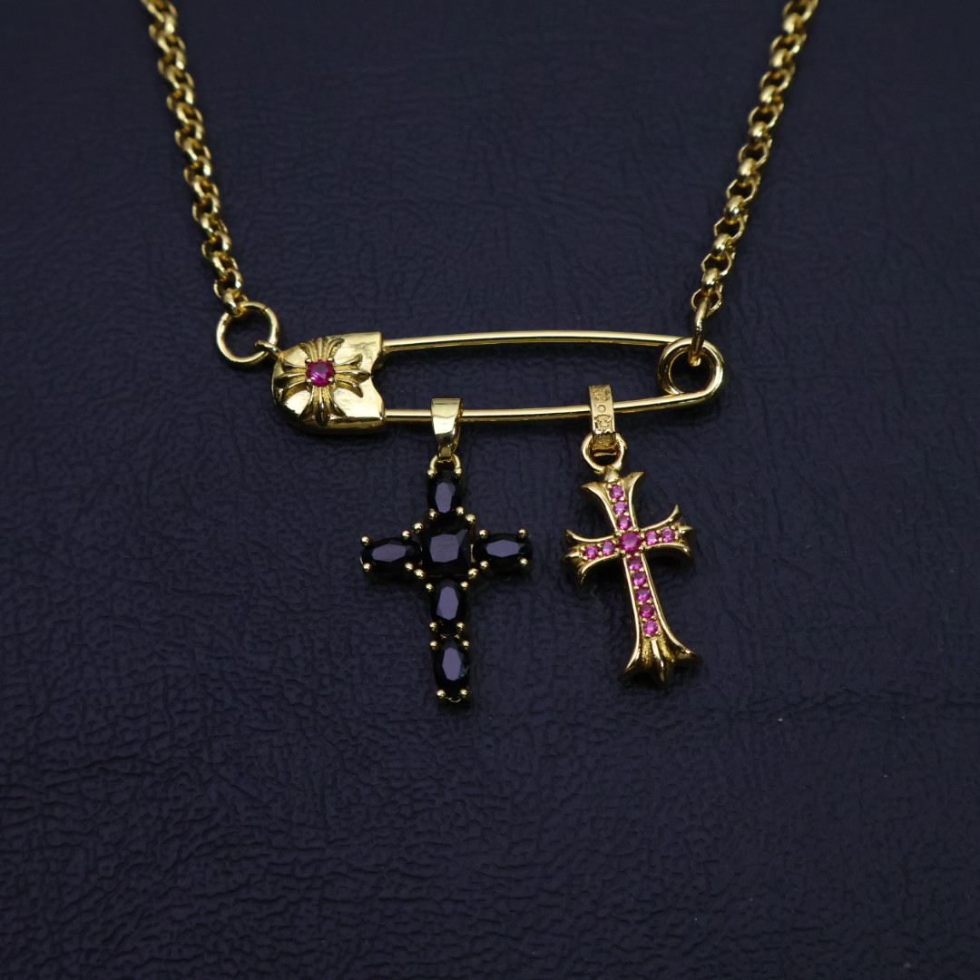 Chrome Hearts Safety Pin & Double Cross Pendant Necklace - Gold - Tone Chain with Gem Inlays CH - SPDCPN141