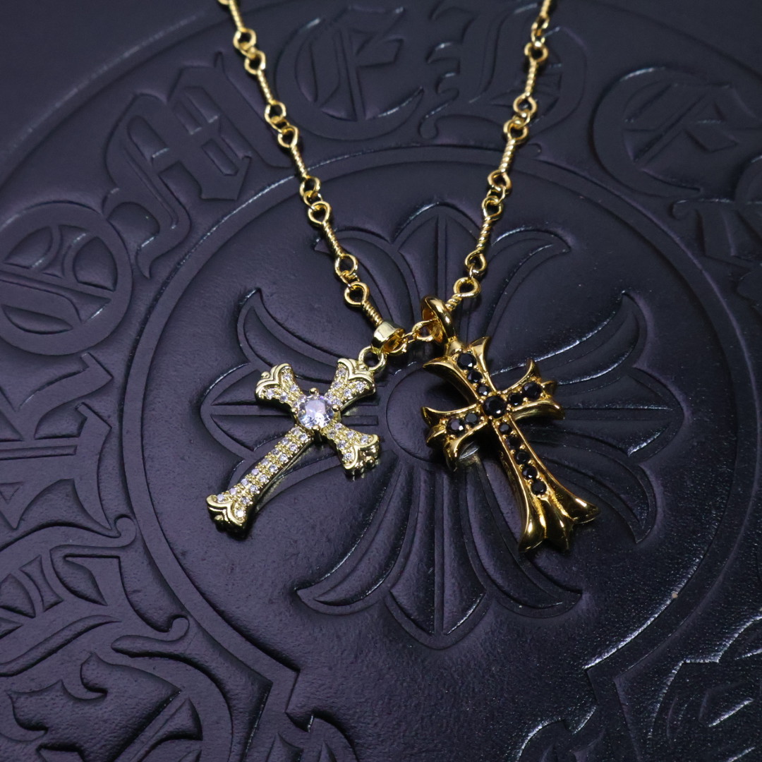 Chrome Hearts Double Cross Pendant Necklace - Gold - Tone Chain with Diamond Inlays CH - DCDPN138