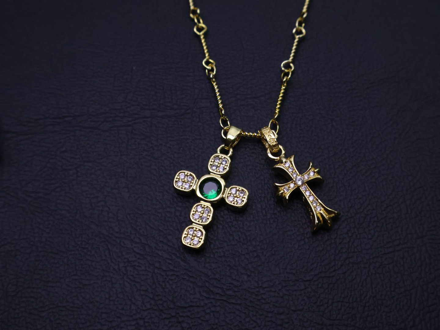 Chrome Hearts Double Cross Pendant Necklace - Gold - Tone Chain with Gem & Diamond Inlays CH - DCPN134
