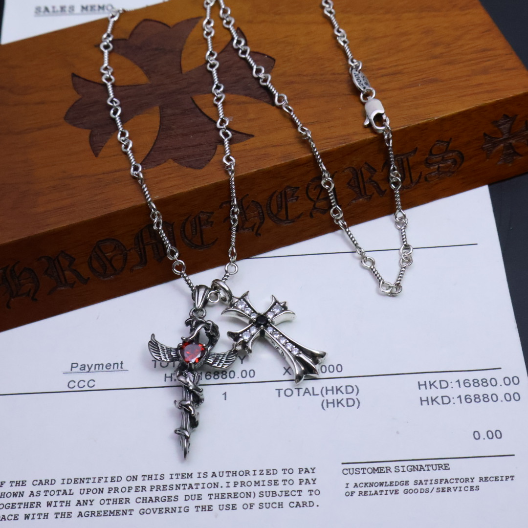 Chrome Hearts Dual - Motif Pendant Necklace - Silver - Tone Chain with Gem & Diamond Inlays CH - DMPN133