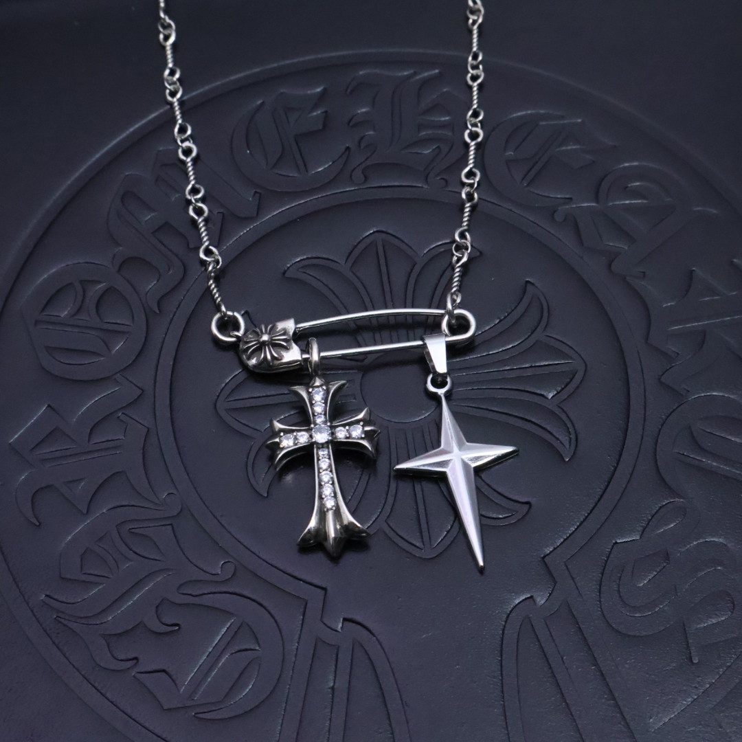 Chrome Hearts Safety Pin & Dual - Motif Pendant Necklace - Silver - Tone Chain with Diamond Inlay CH - SPDMPN127
