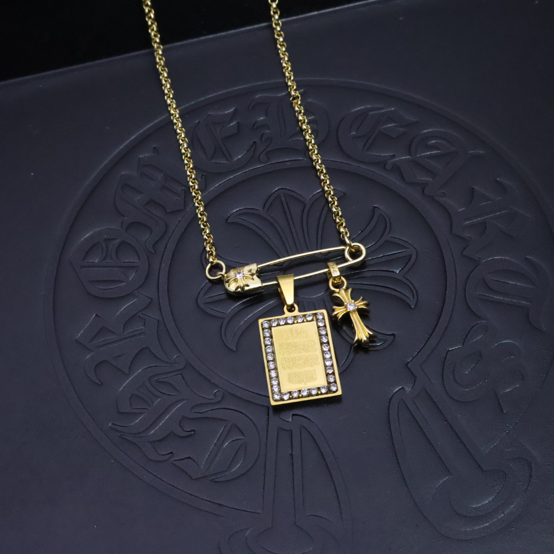 Chrome Hearts Safety Pin & Engraved Locket Pendant Necklace - Gold - Tone Chain with Diamond Inlays CH - SPELPN125