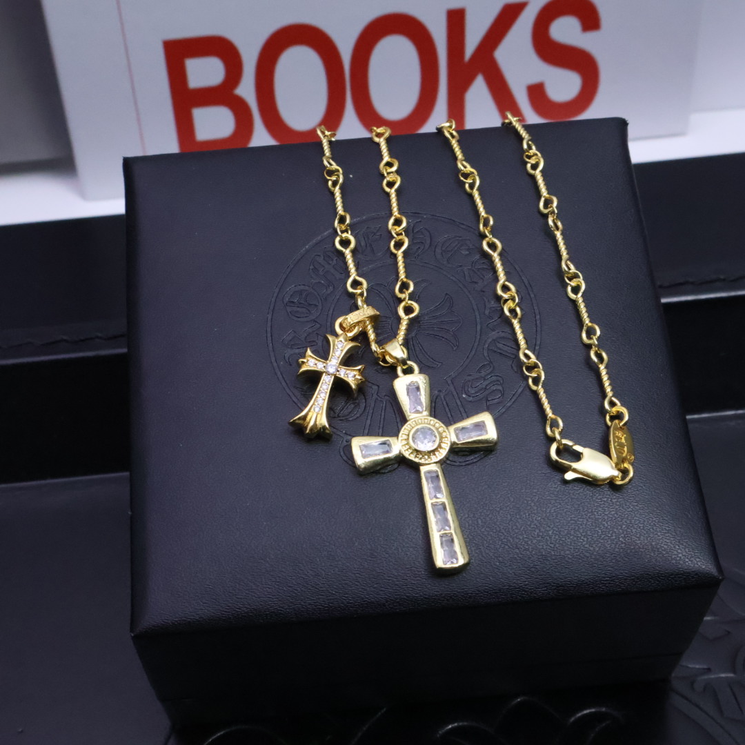 Chrome Hearts Double Cross Pendant Necklace - Gold - Tone Chain with Diamond Inlays CH - DCDP122