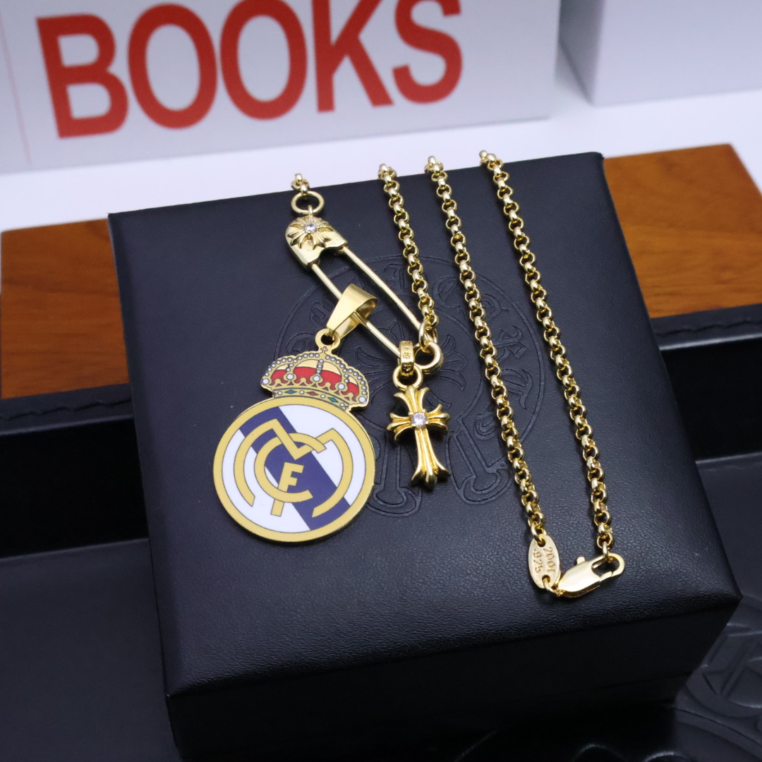 Chrome Hearts x Real Madrid Pendant Necklace - Gold - Tone Chain with Enamel & Gem Inlays CH - RMPN121