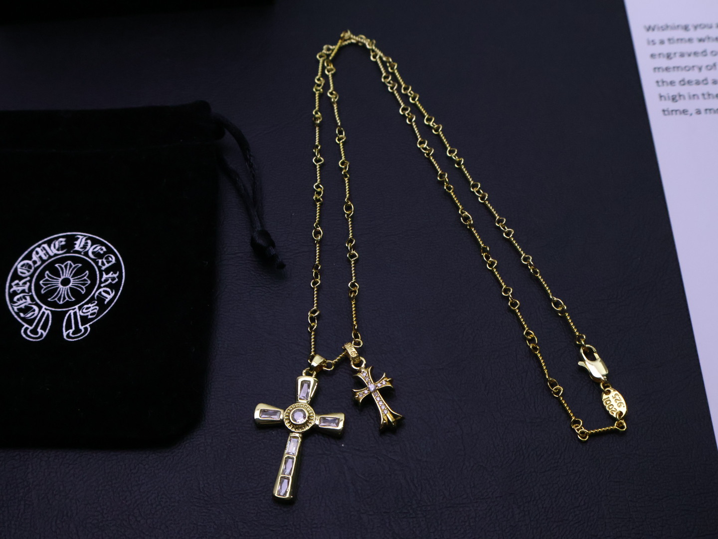 Chrome Hearts Double Cross Pendant Necklace - Gold - Tone Chain with Diamond Inlays CH - DCPD115