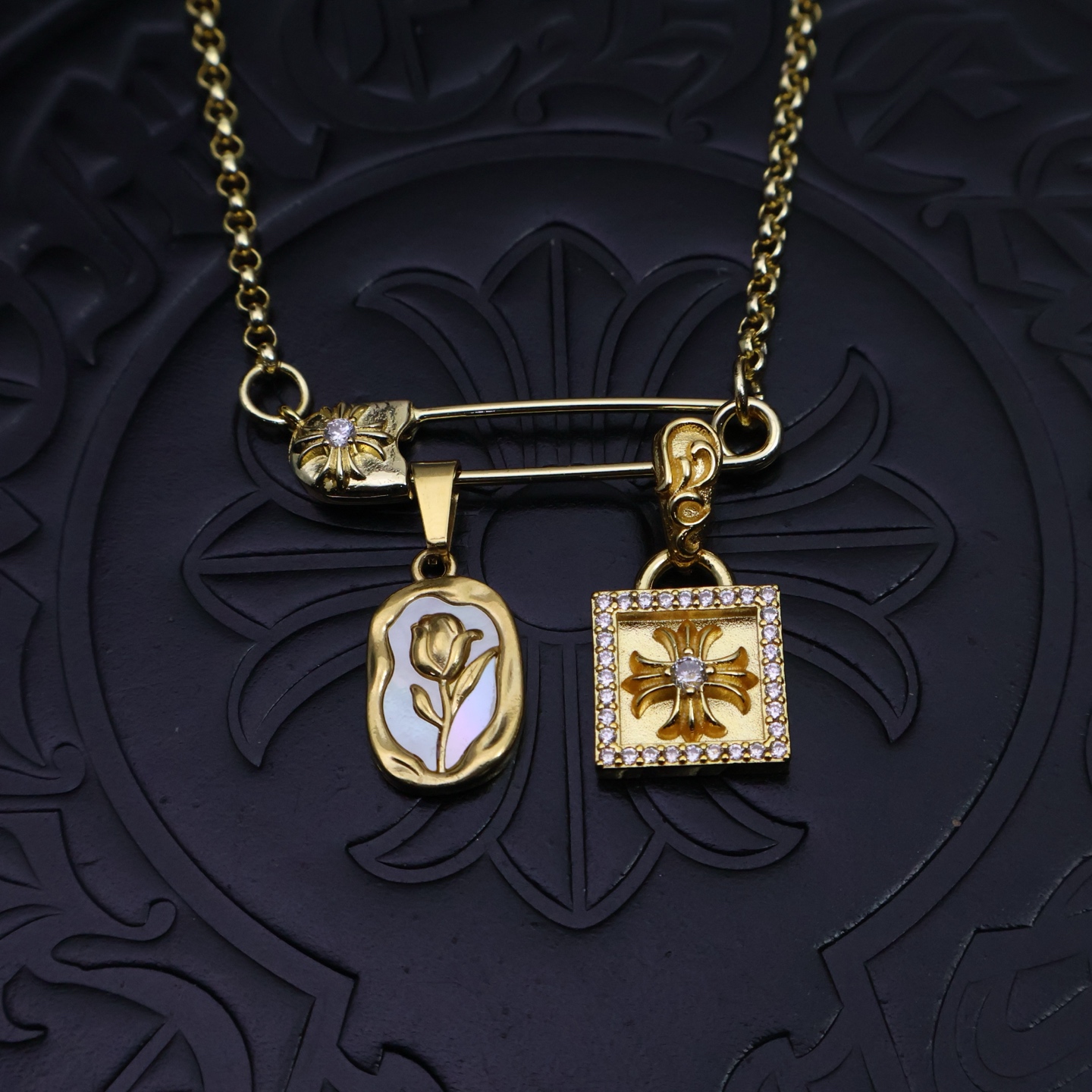 Chrome Hearts Multi - Charm Pendant Necklace - Gold - Tone Chain with Gem & Shell Inlays CH - MCPN113