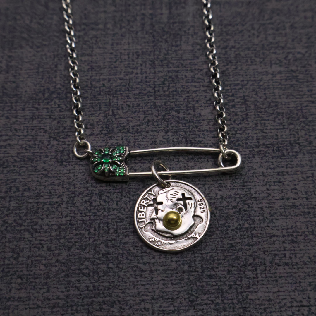 Chrome Hearts Safety Pin & Coin Pendant Necklace - 925S Silver Chain Jewelry with Gem Inlays CH - SPCP92
