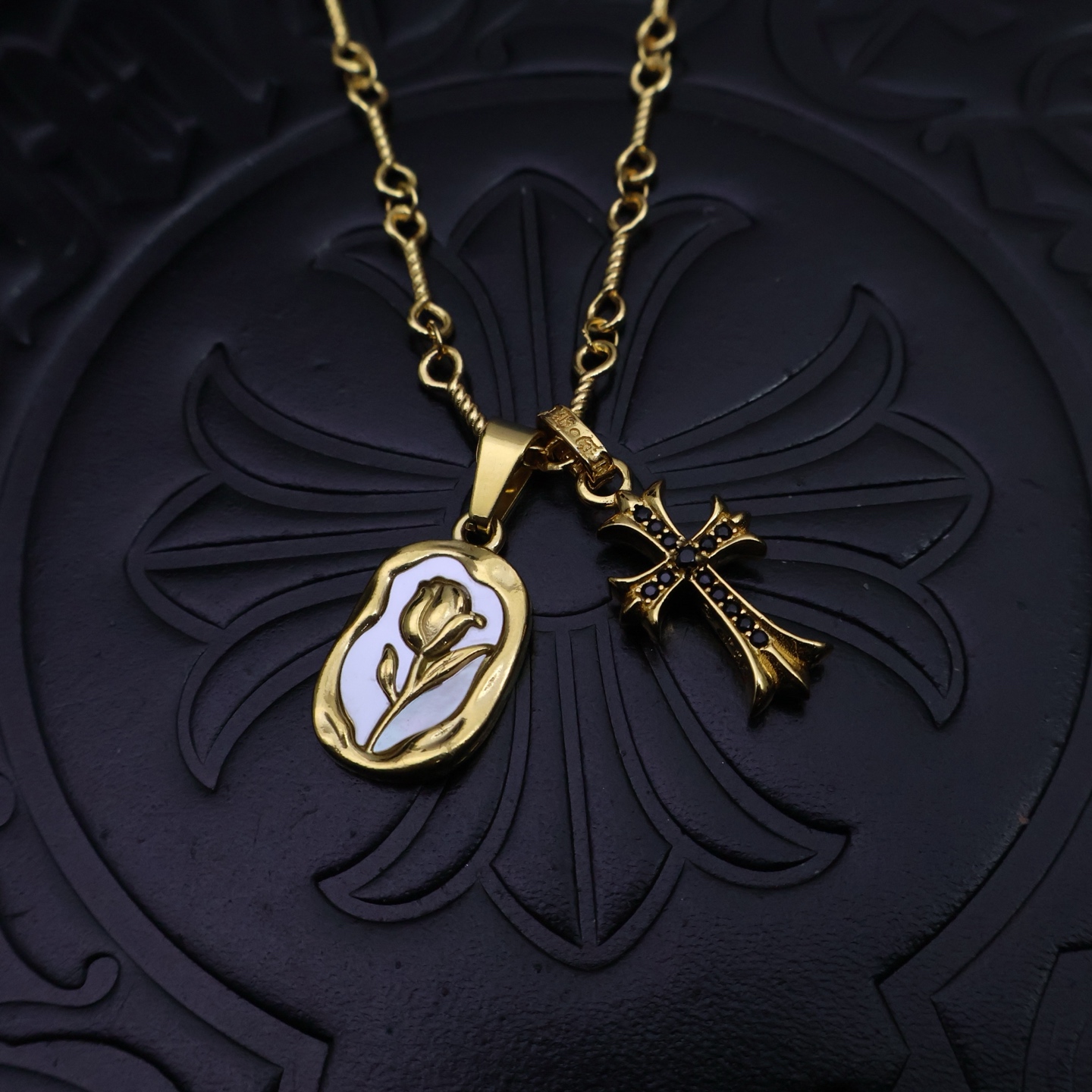 Chrome Hearts Multi - Pendant Necklace - Gold - Tone Chain with Enamel & Crystal Accents CH - MPG76