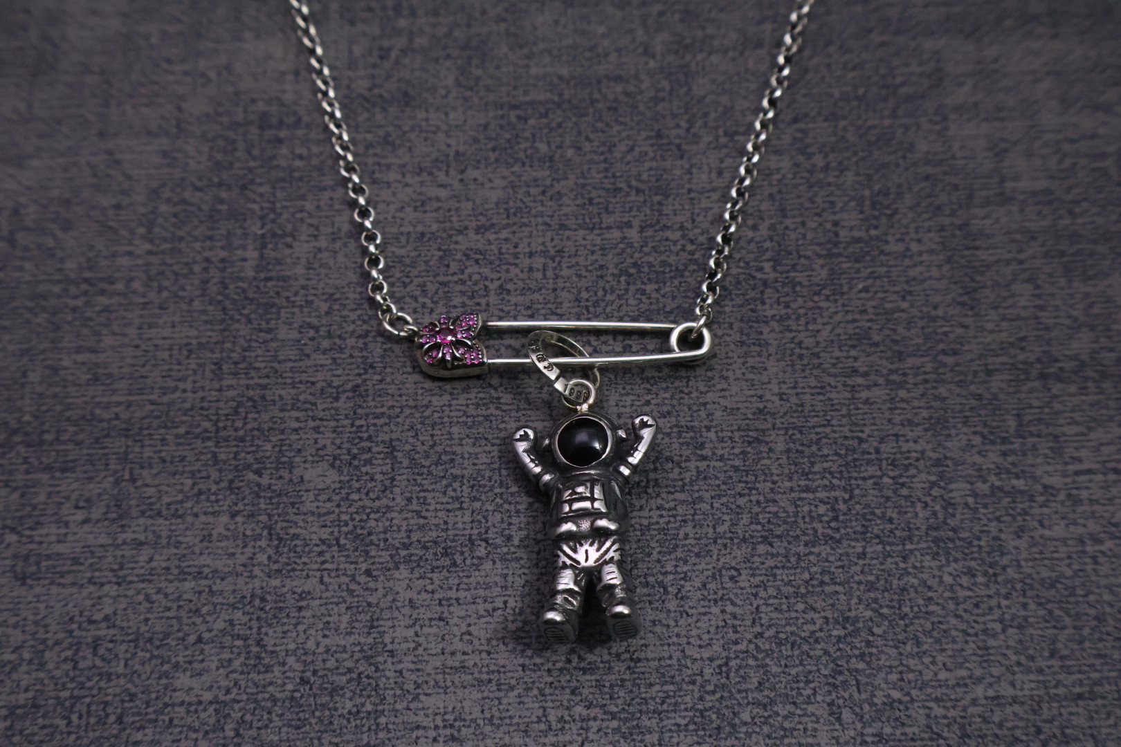 Chrome Hearts Safety Pin & Astronaut Pendant Necklace - 925S Silver Chain Jewelry CH - SPAP70