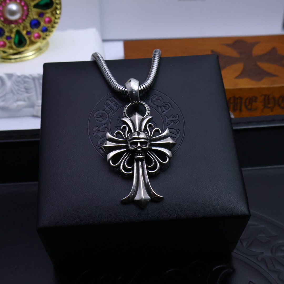 Chrome Hearts Skull - Embellished Cross Pendant Necklace - 925S Silver Snake - Chain Jewelry CH - SEC54