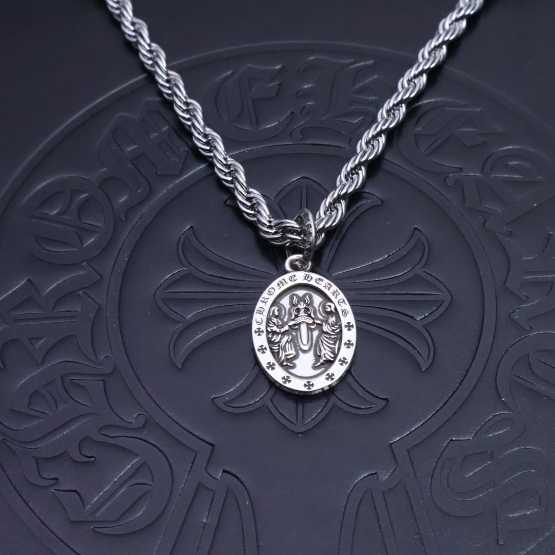 Chrome Hearts Engraved Oval Medal Pendant Necklace - 925S Silver Rope - Chain Jewelry CH - EOM50
