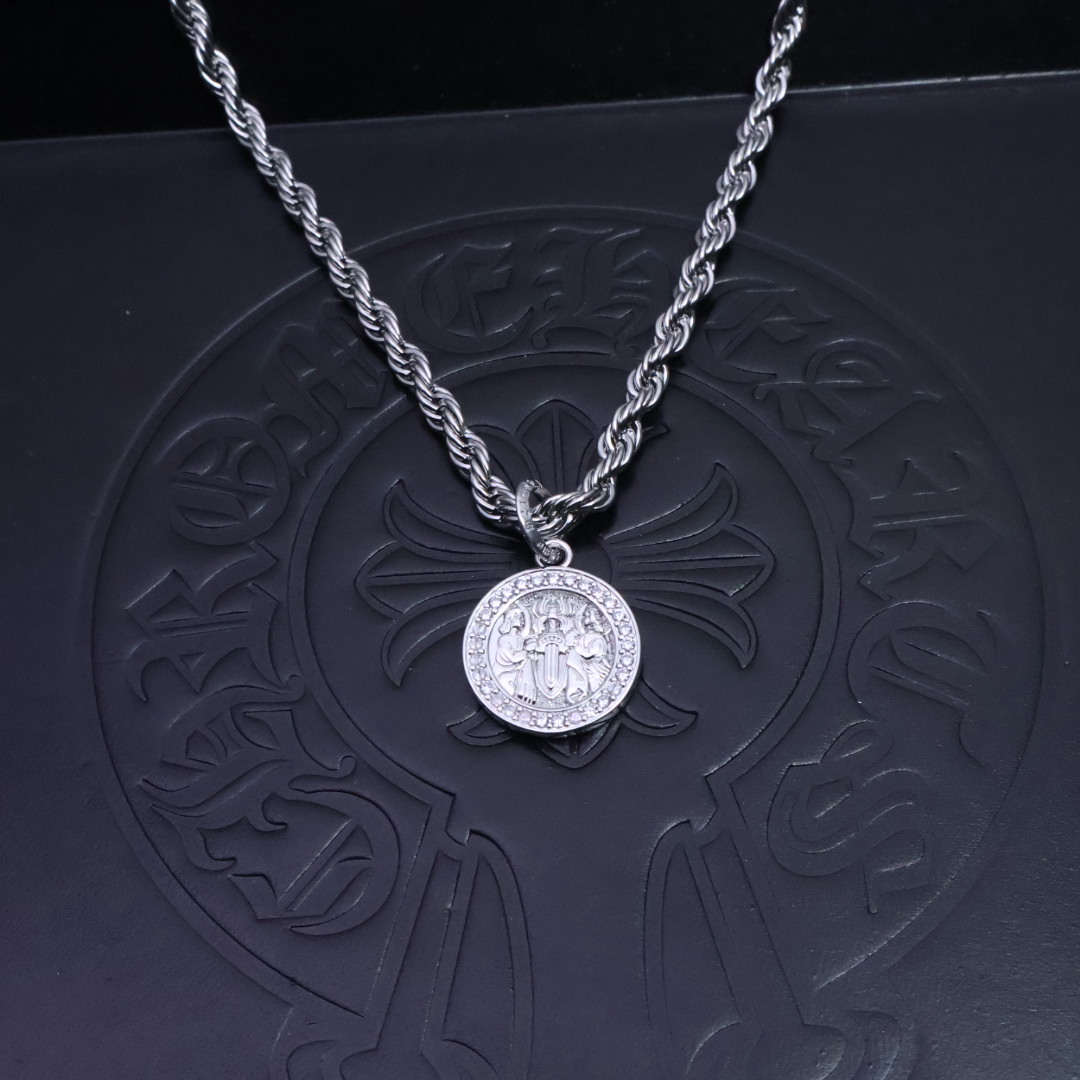 Chrome Hearts Saint - Engraved Diamond - Inlaid Medal Pendant Necklace - 925S Silver Chain Jewelry CH - SDM49