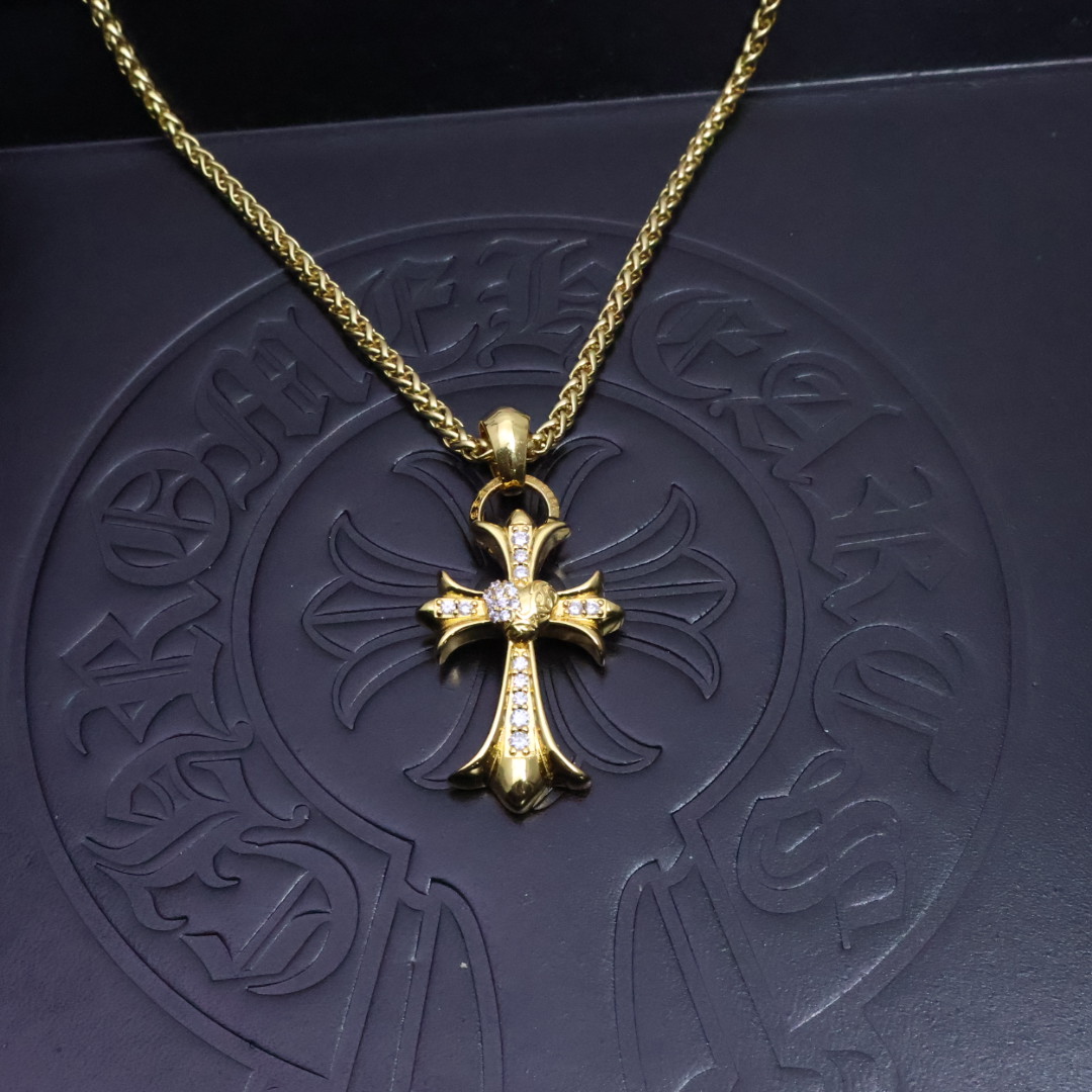 Chrome Hearts Diamond - Inlaid Cross Pendant Necklace - Gold - Tone Chain Jewelry CH - DIC48