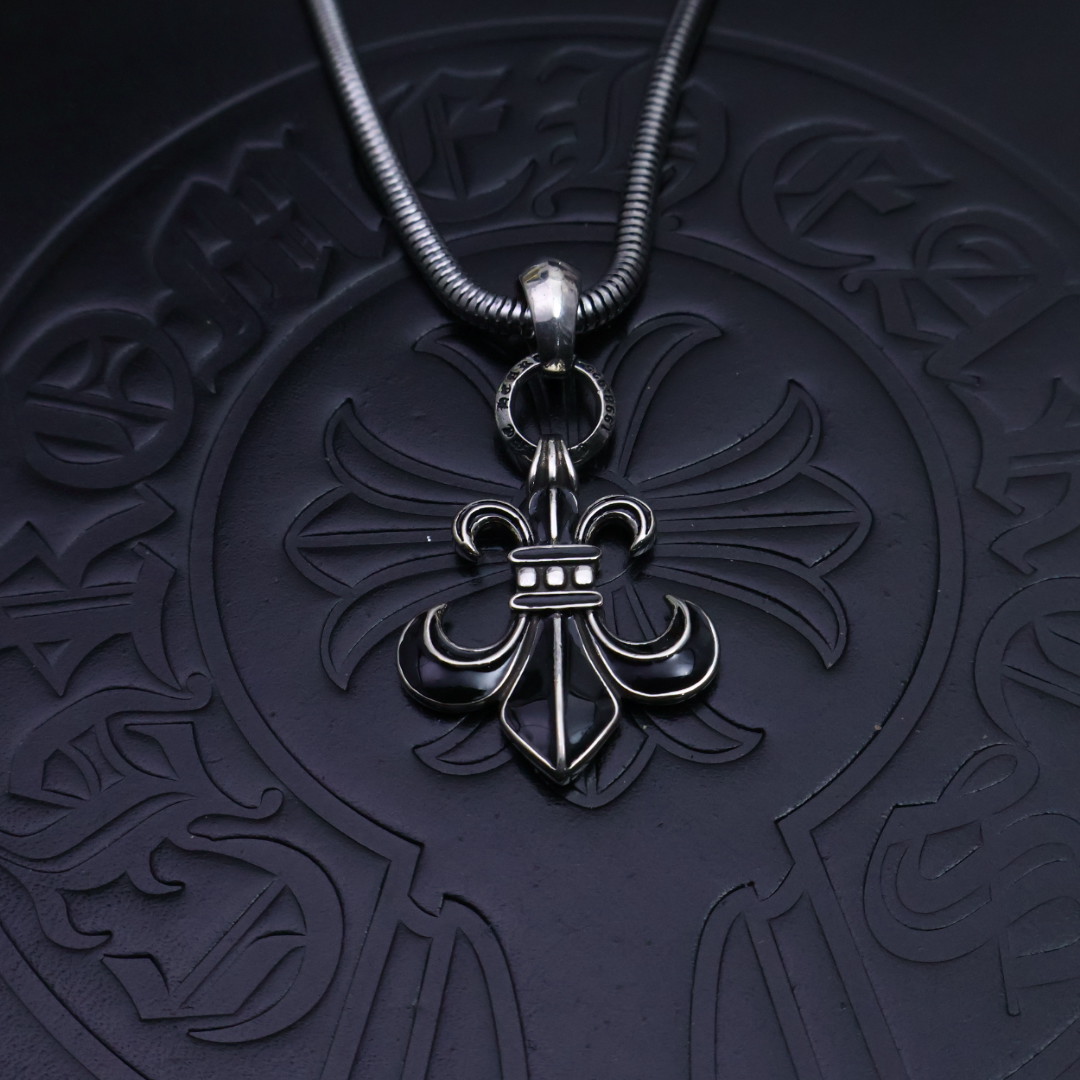 Chrome Hearts Fleur - de - Lis Pendant Necklace - 925S Silver & Black Accent Jewelry CH - FLA30