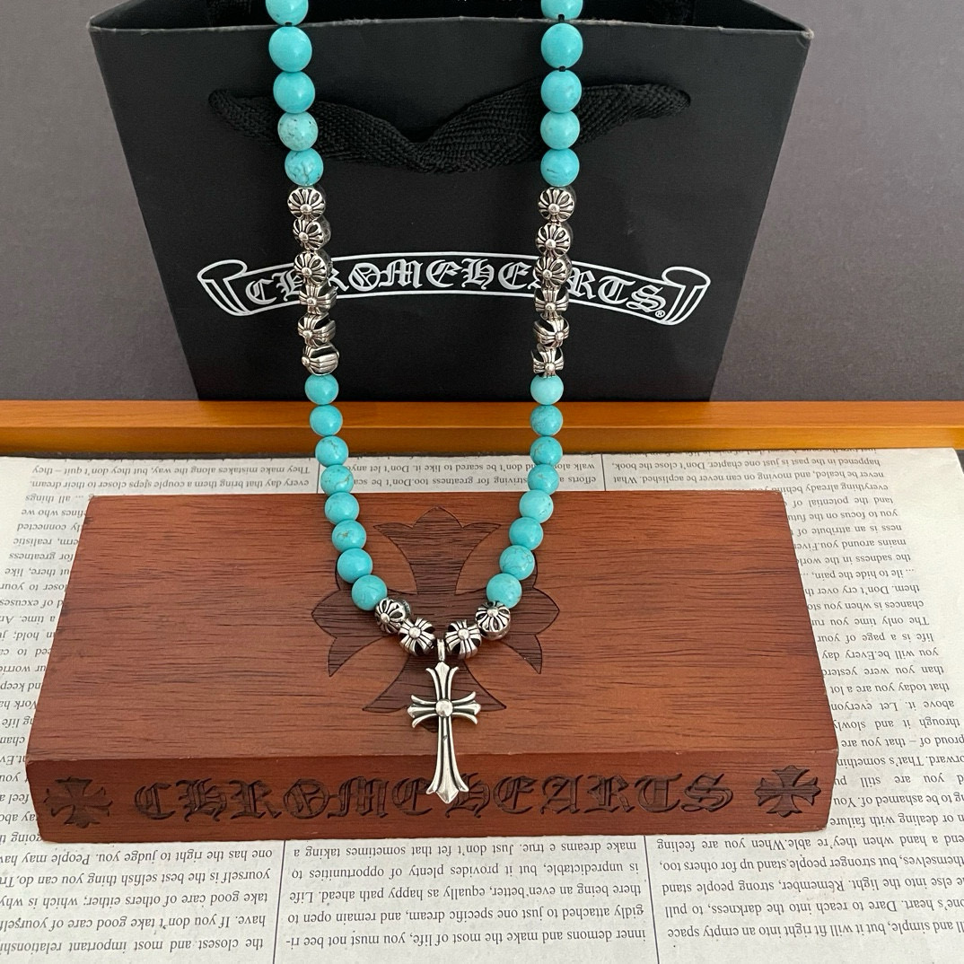 Chrome Hearts Turquoise Bead & Cross Pendant Necklace - 925S Silver Accent Jewelry CH - TC24