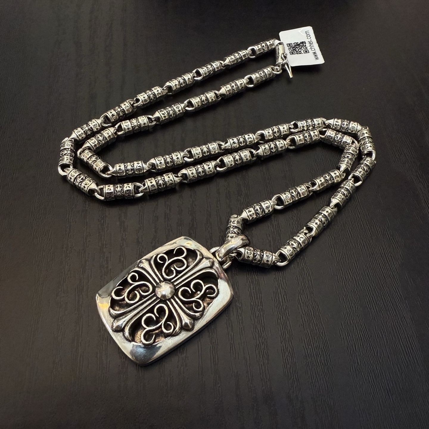 Chrome Hearts Filigree Cross Tag Pendant Necklace - 925S Silver Engraved Chain Jewelry CH - FT22