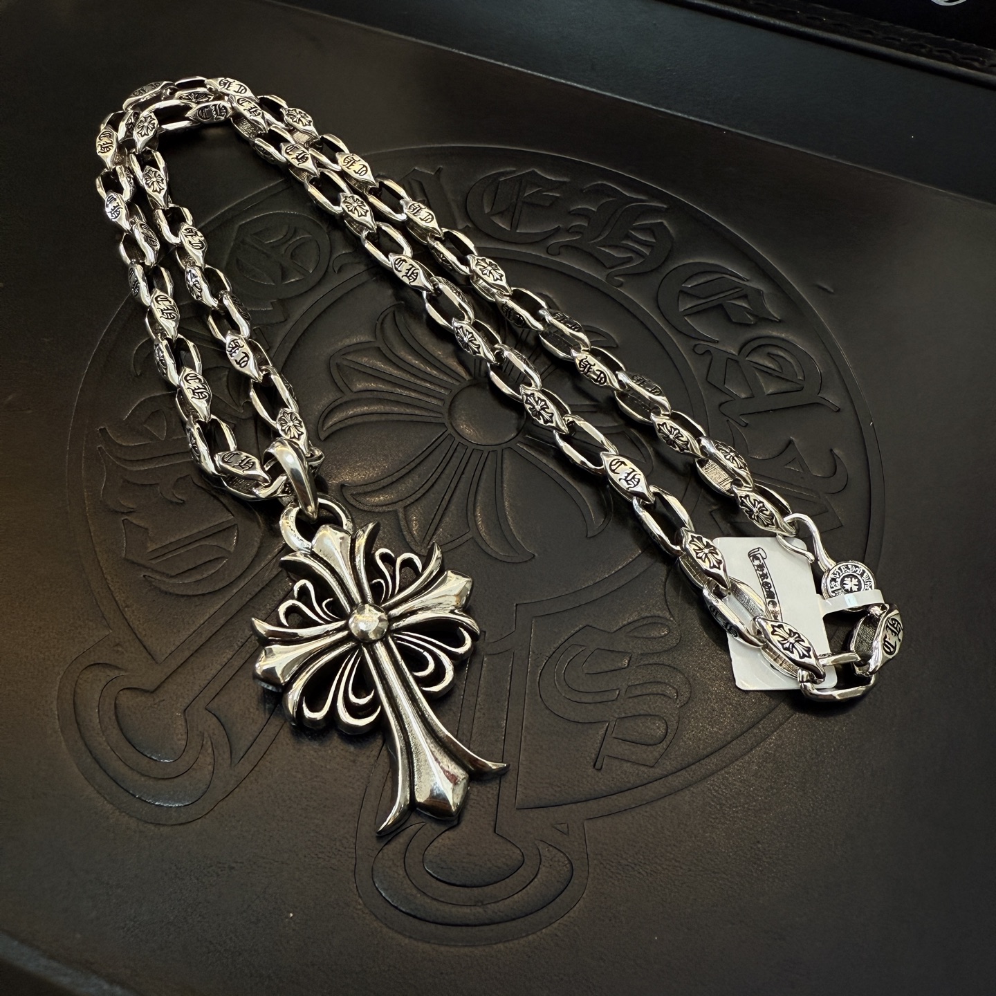 Chrome Hearts Engraved Chain & Filigree Cross Pendant Necklace - 925S Silver Jewelry CH - EC15