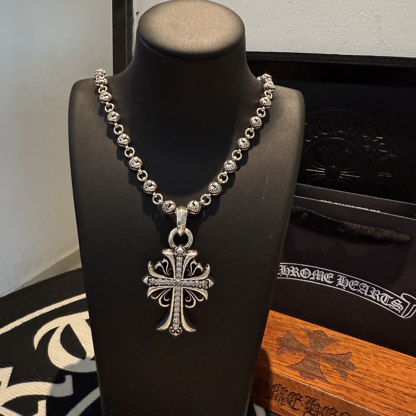Chrome Hearts Diamond - Encrusted Filigree Cross Pendant Necklace - 925S Silver Beaded Chain Jewelry CH - DC13