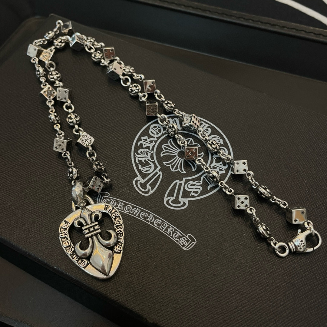 Chrome Hearts Fleur - de - Lis Shield & Dice Pendant Necklace - 925S Silver Ornate Chain Jewelry CH - FD09