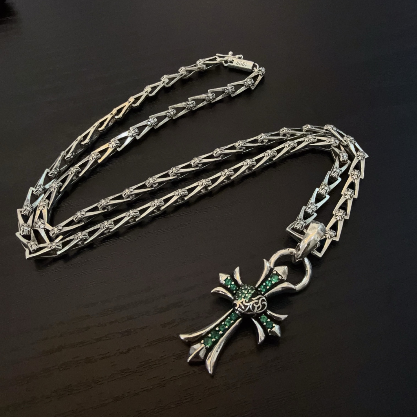 Chrome Hearts Green - Studded Cross Pendant Necklace - 925 Silver Gothic Chain Jewelry