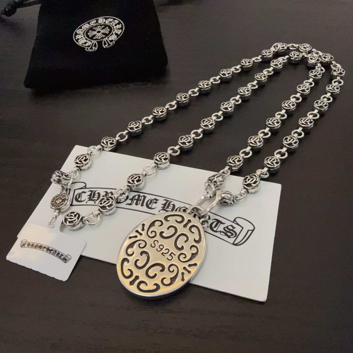 Chrome Hearts Sterling Silver Oval Filigree Pendant Necklace (Ornate Bead Chain) CH - OVA04