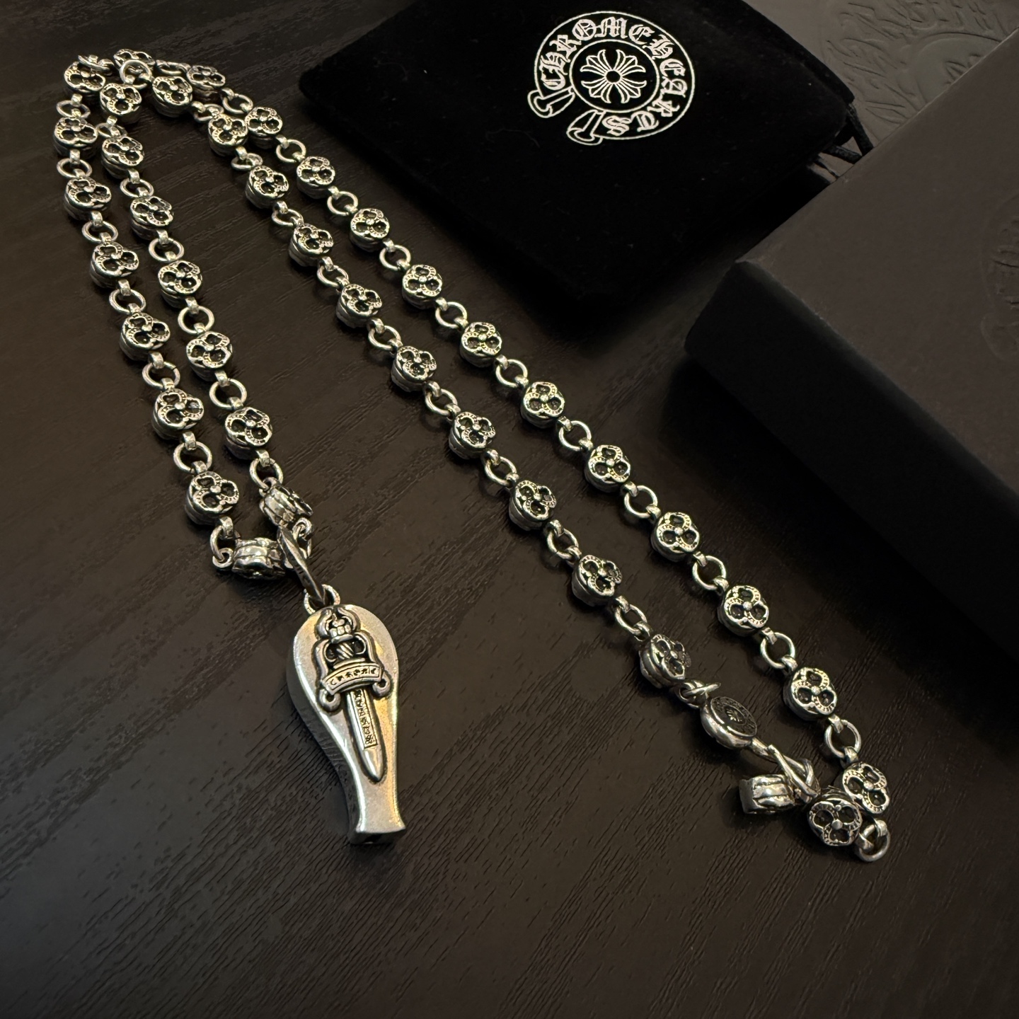 Chrome Hearts Sterling Silver Sword - Crown Pendant Necklace (Floral - Motif Bead Chain) CH - SWD02