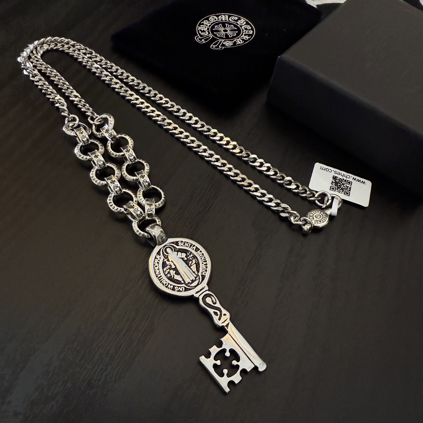 Chrome Hearts Sterling Silver Gothic Cross Pendant Necklace (Engraved Square - Link Chain) CH - CRO17