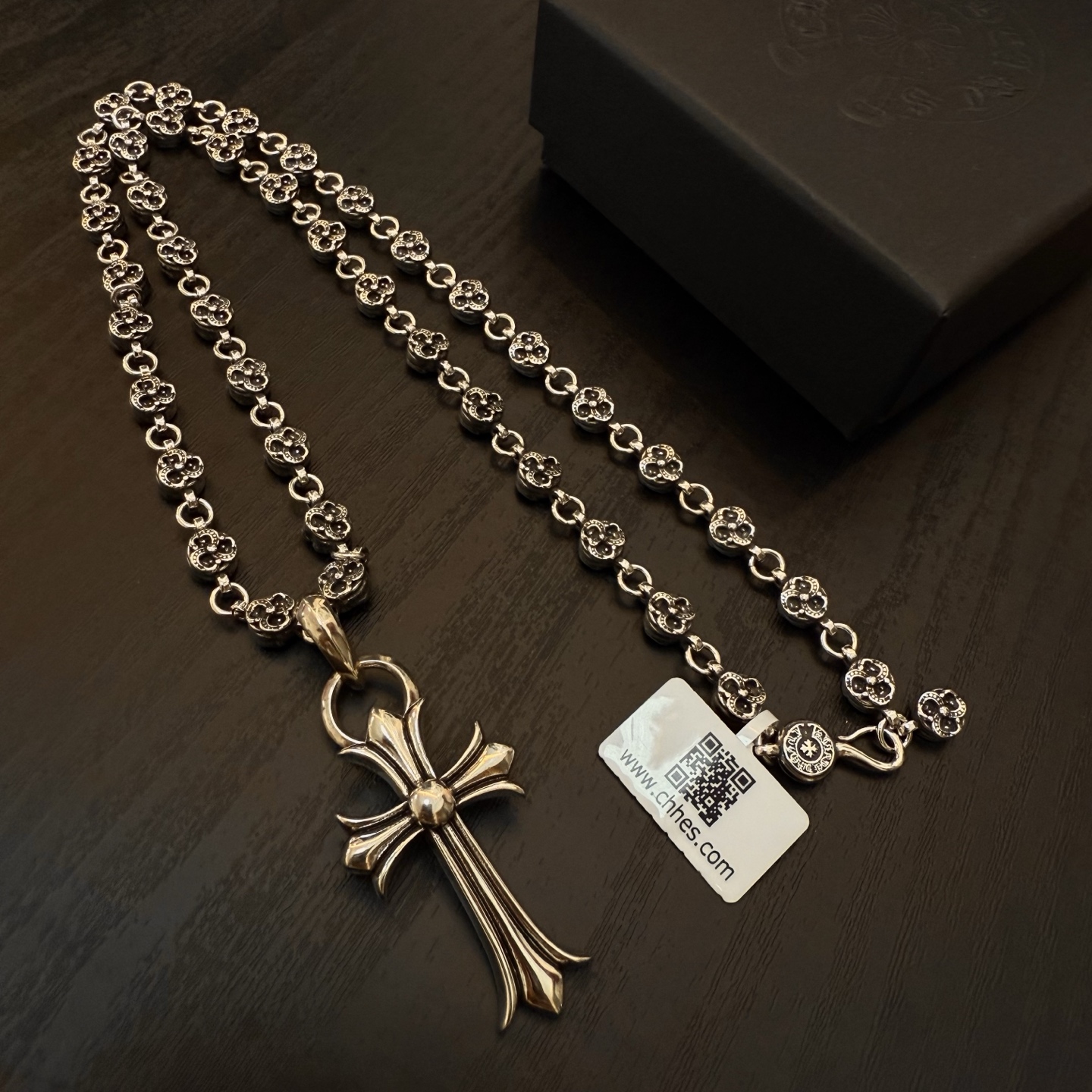 Chrome Hearts Sterling Silver Fleur - de - Lis Cross Pendant Necklace (Floral - Motif Bead Chain) CH - CRO15