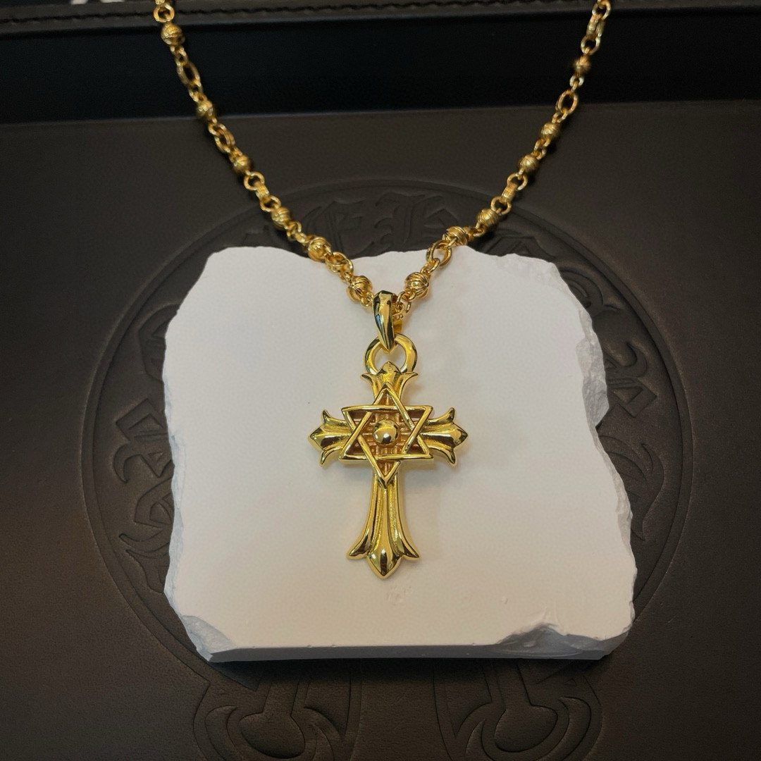 Chrome Hearts Gold - Plated Cross & Star of David Pendant Necklace (Beaded Chain) CH - GOLD01