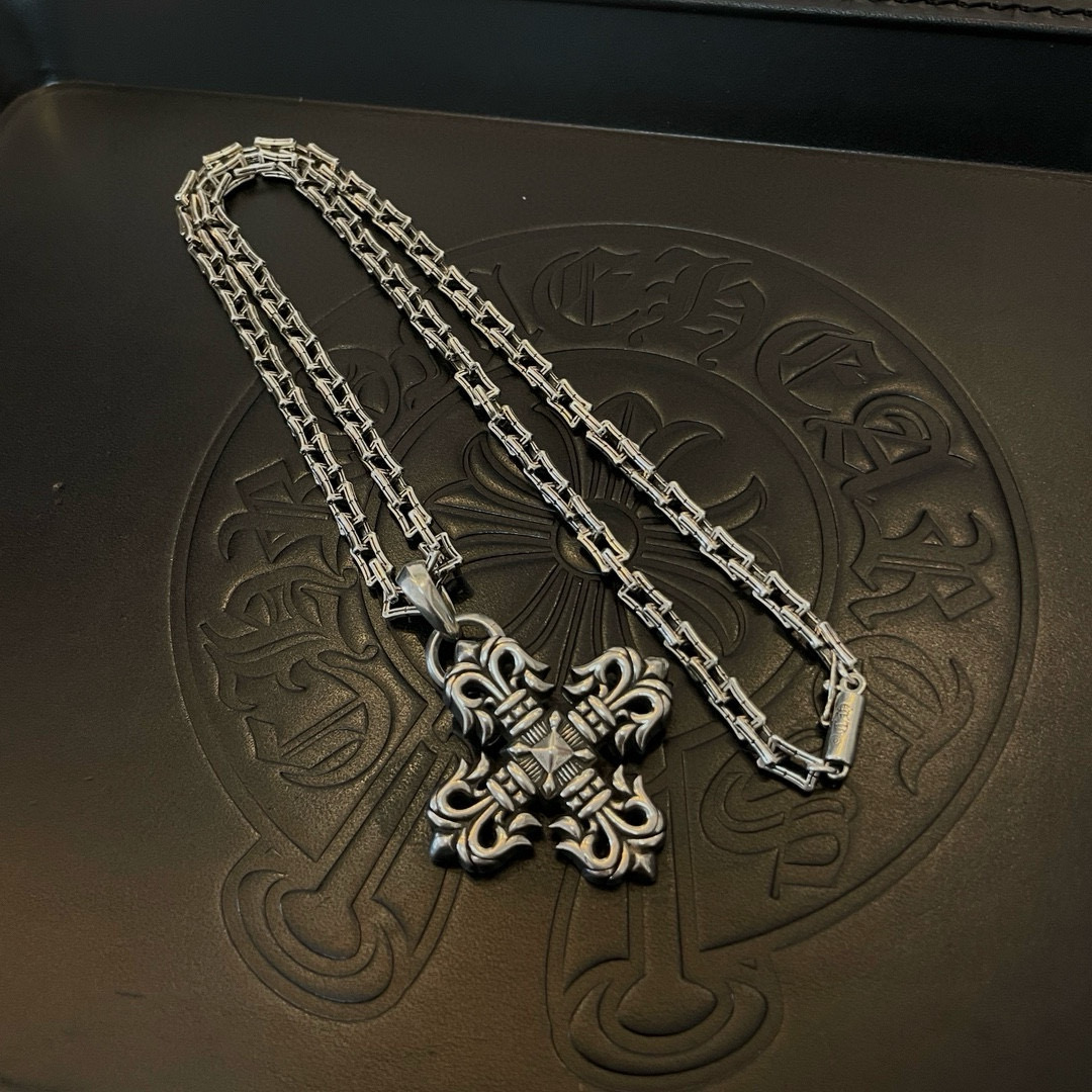 Chrome Hearts Sterling Silver Ornate Filigree Cross Pendant Necklace (Square - Link Chain) CH - CRO14