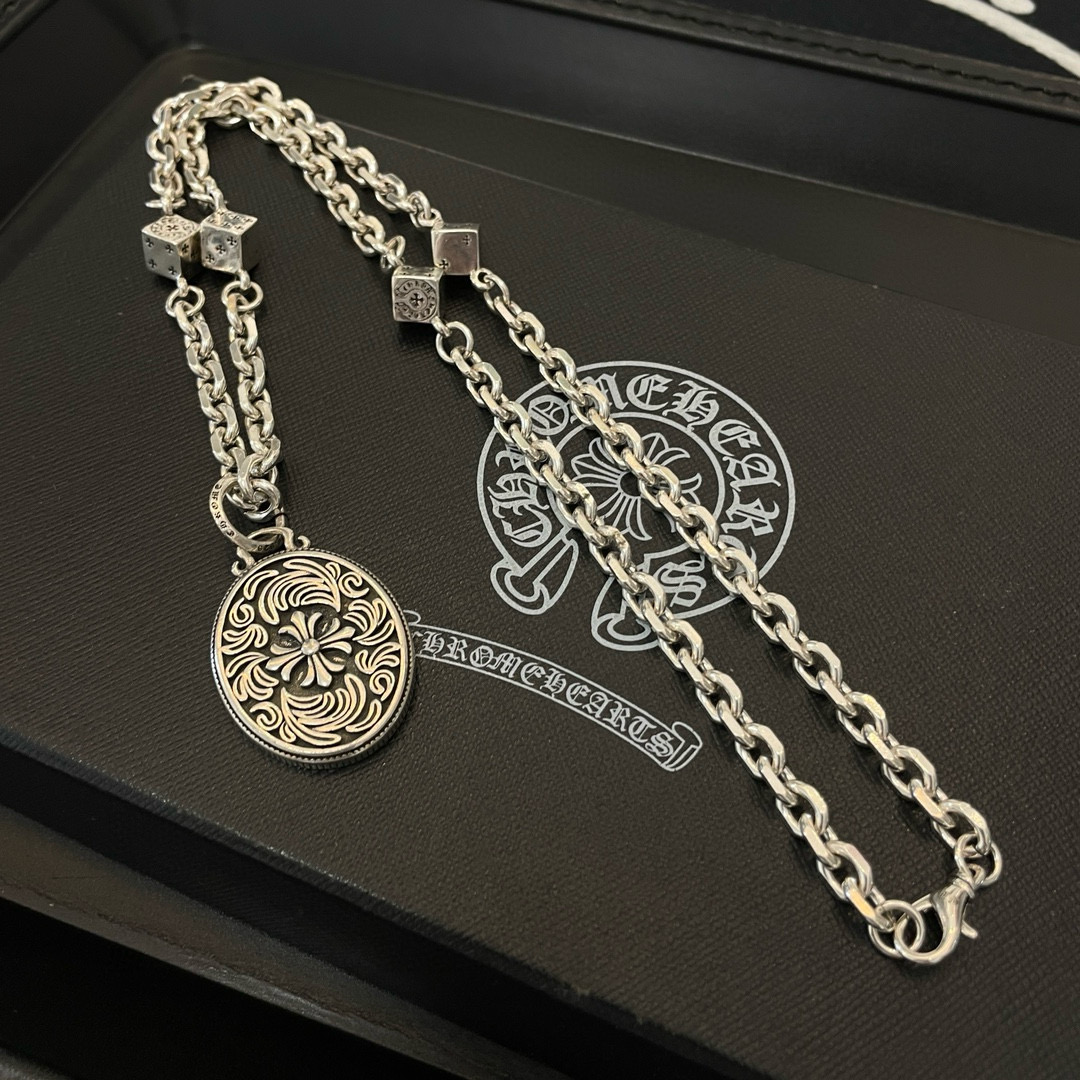 Chrome Hearts Sterling Silver Oval Filigree Pendant Necklace with Dice Accents (Engraved Link Chain) CH - OVA03