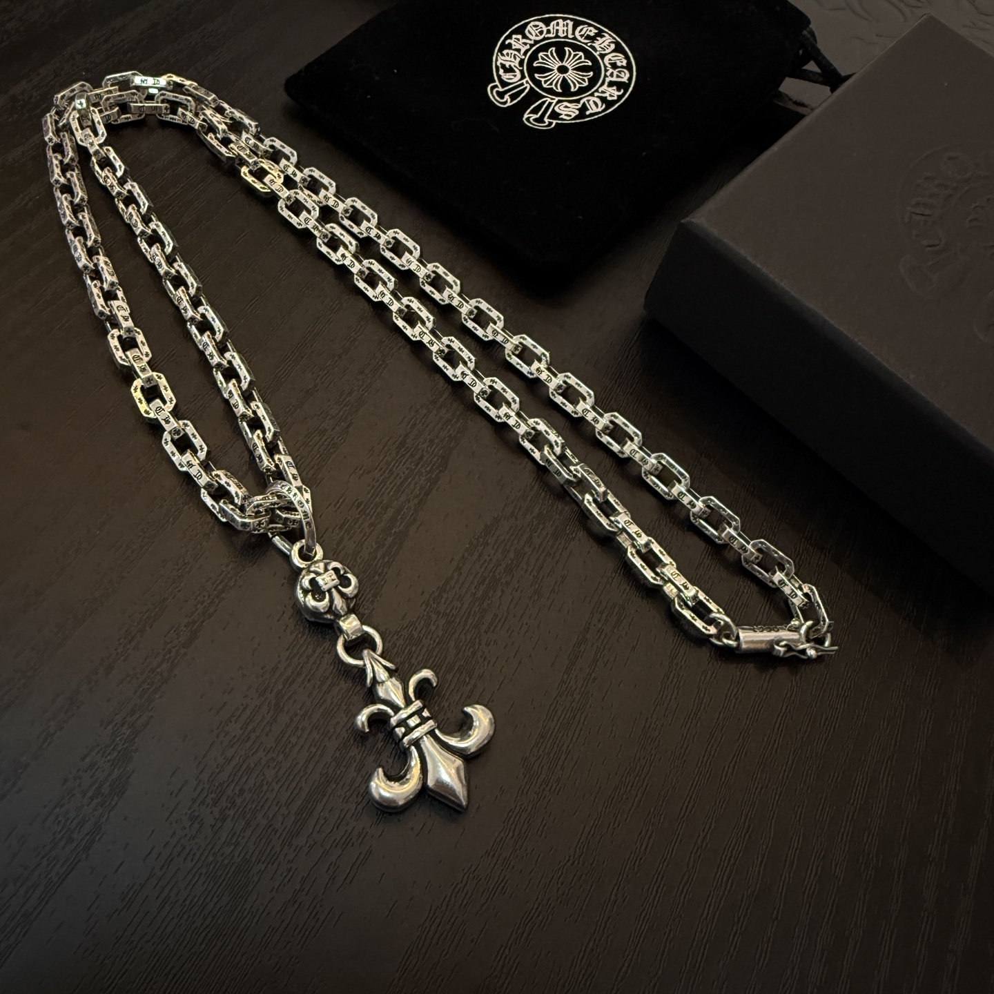 Chrome Hearts Sterling Silver Fleur - de - Lis Pendant Necklace (Engraved Square - Link Chain) CH - FLR12