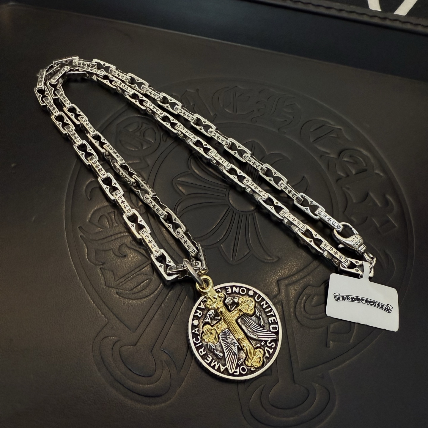 Chrome Hearts Sterling Silver & Gold - Accented Medallion Necklace (Engraved Link Chain) CH - MED01