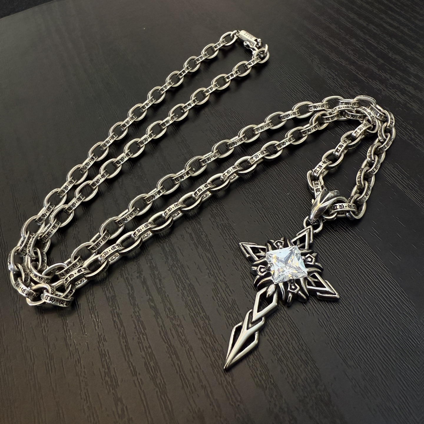 Chrome Hearts Sterling Silver Square CZ - Embellished Gothic Cross Pendant Necklace (Engraved Link Chain) CH - CRO10