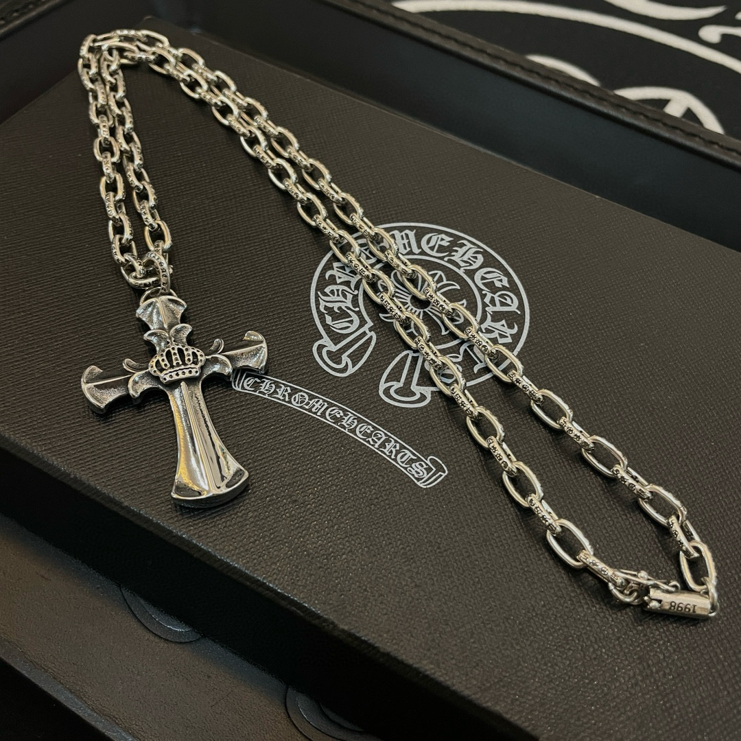 Chrome Hearts Sterling Silver Crown - Accented Cross Pendant Necklace (Oval Link Chain) CH - CRO9