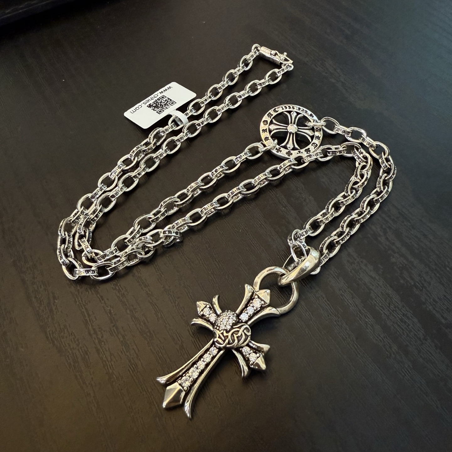 Chrome Hearts Sterling Silver CZ - Encrusted Cross Pendant Necklace (Oval Link Chain) CH - CRO8