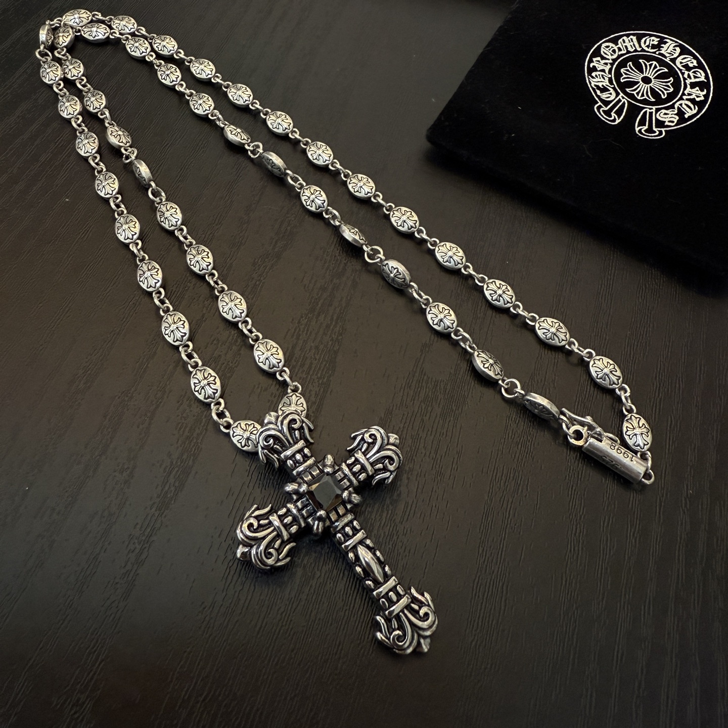 Chrome Hearts Sterling Silver Gem - Inlaid Ornate Cross Pendant Necklace (Oval - Floral Link Chain) CH - CRO7