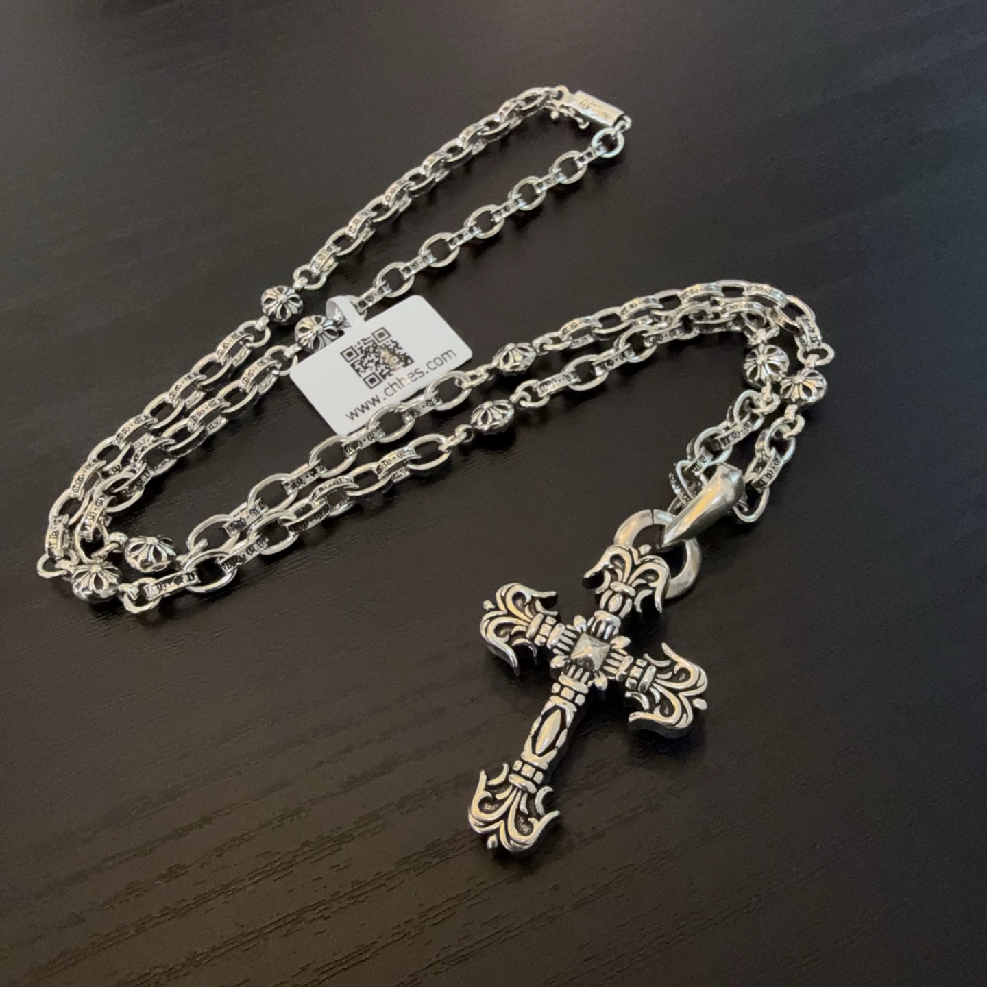 Chrome Hearts Sterling Silver Ornate Cross Pendant Necklace (Engraved Link Chain) CH - CRO5