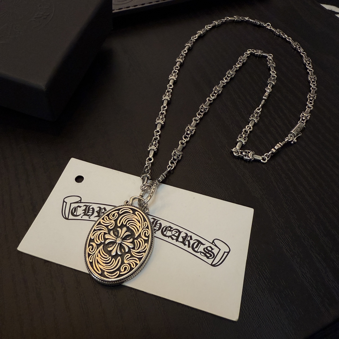 Chrome Hearts Sterling Silver Oval Filigree Pendant Necklace (Ornate Mixed - Link Chain) CH - OVA01