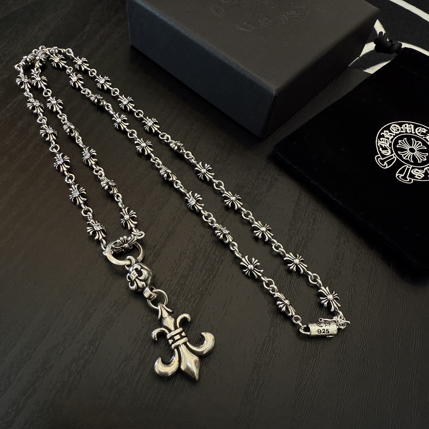 Chrome Hearts Sterling Silver Fleur - de - Lis Pendant Necklace (Cross - Floral Link Chain) CH - FLR02