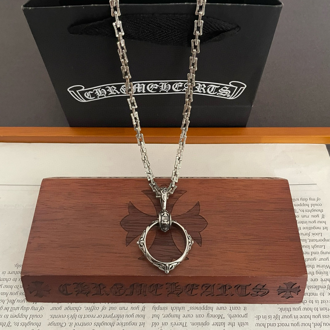 Chrome Hearts Sterling Silver Ornate Ring - Shaped Pendant Necklace (Rectangular Link Chain) CH - RNG01
