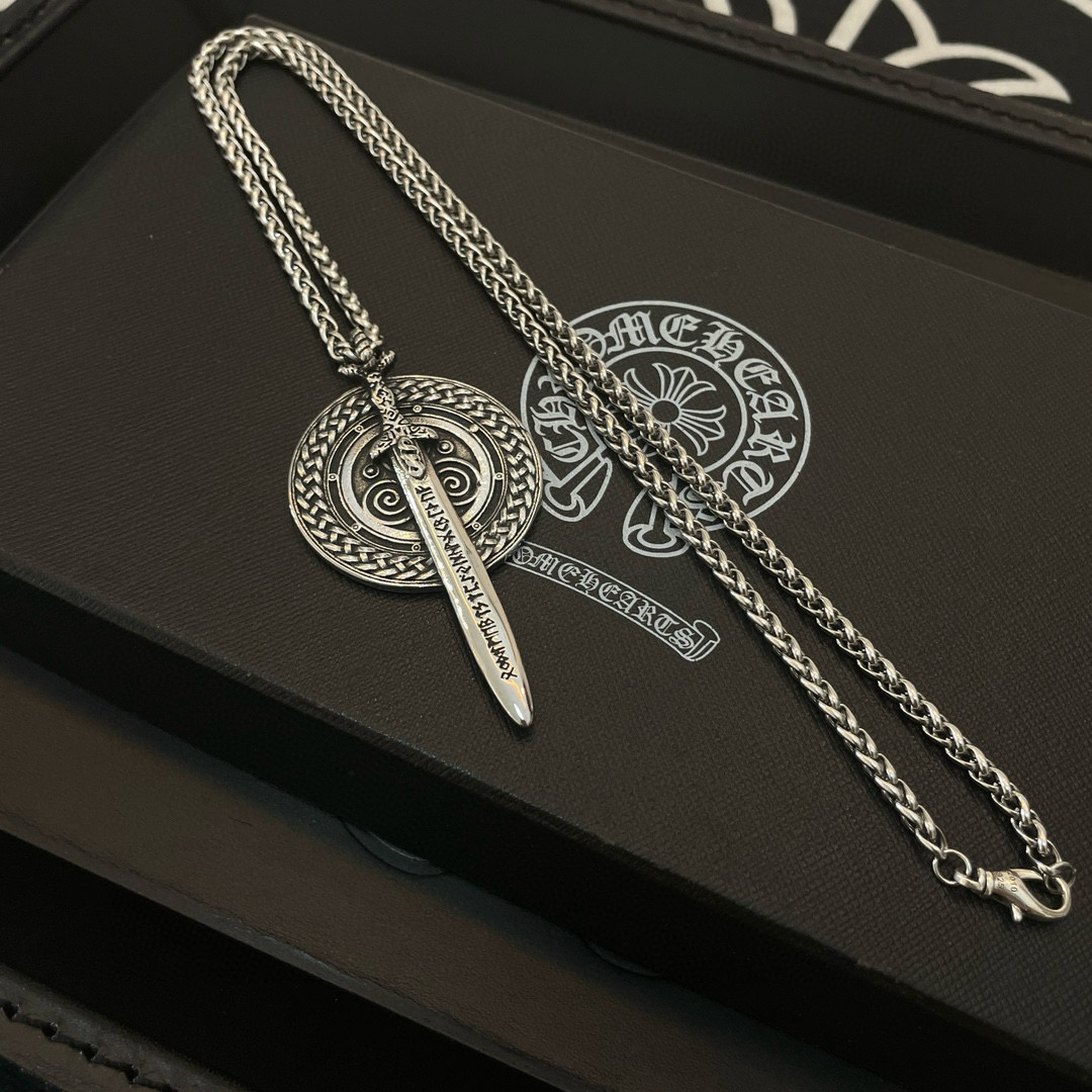 Chrome Hearts Sterling Silver Sword & Celtic - Knot Medallion Pendant Necklace (Twisted Rope Chain) CH - SCM01