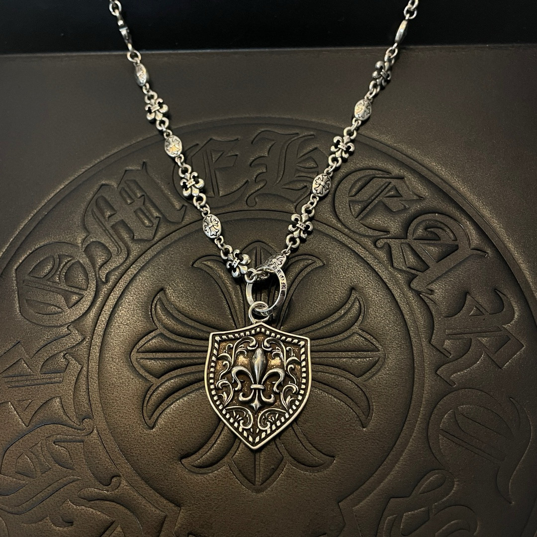 Chrome Hearts Sterling Silver Fleur - de - Lis Shield Pendant Necklace (Ornate Mixed - Link Chain) CH - SFL01