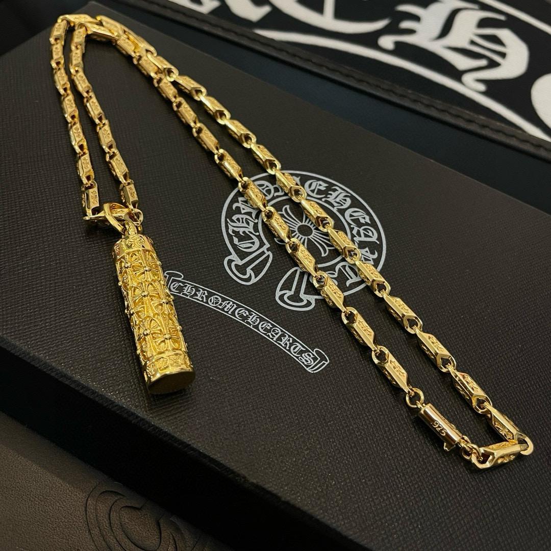 Chrome Hearts Gold - Plated Sterling Silver Engraved Cylinder Pendant Necklace CH - CYL01