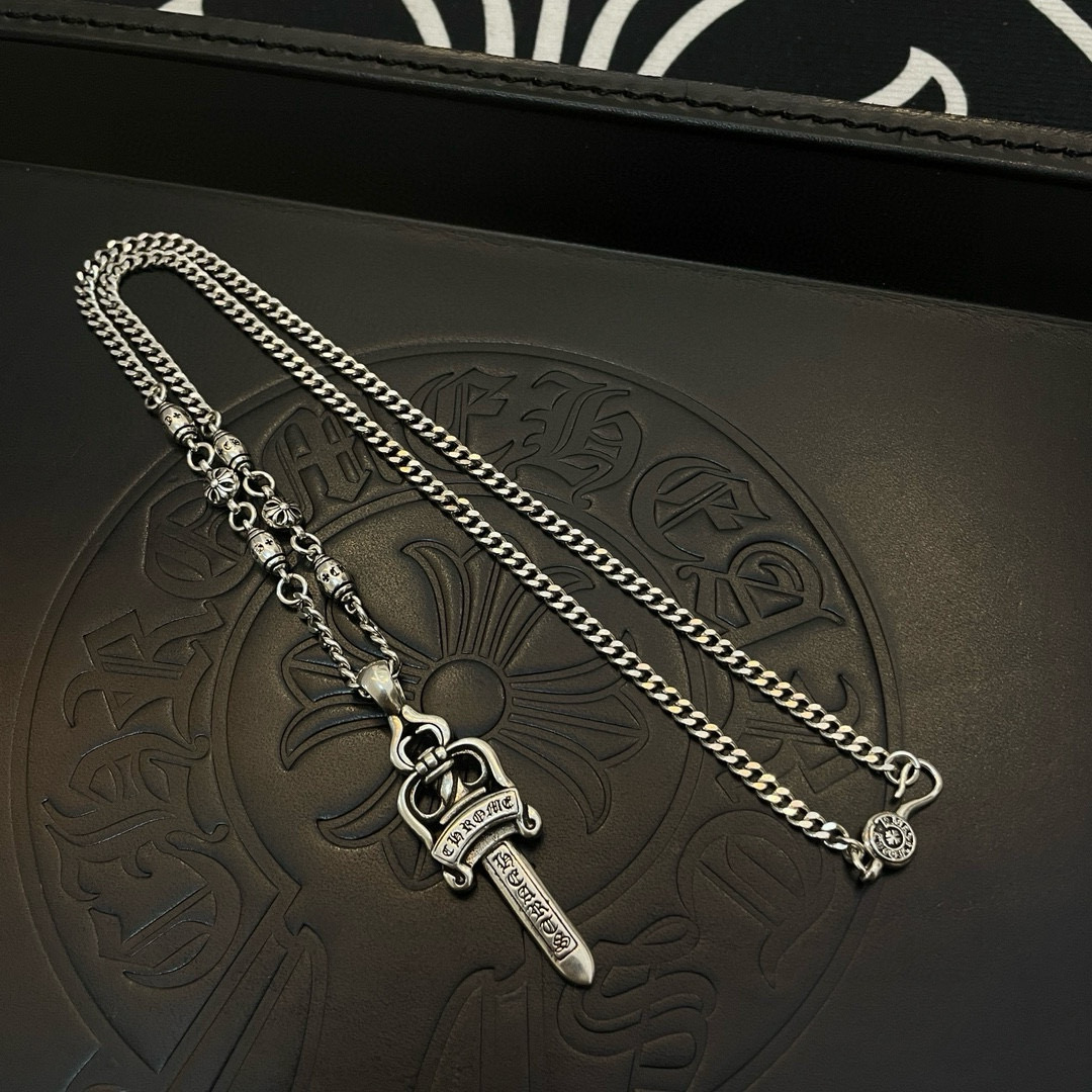 Chrome Hearts Sterling Silver Engraved Dagger Pendant Necklace (Mixed - Link Chain) CH - DAG02
