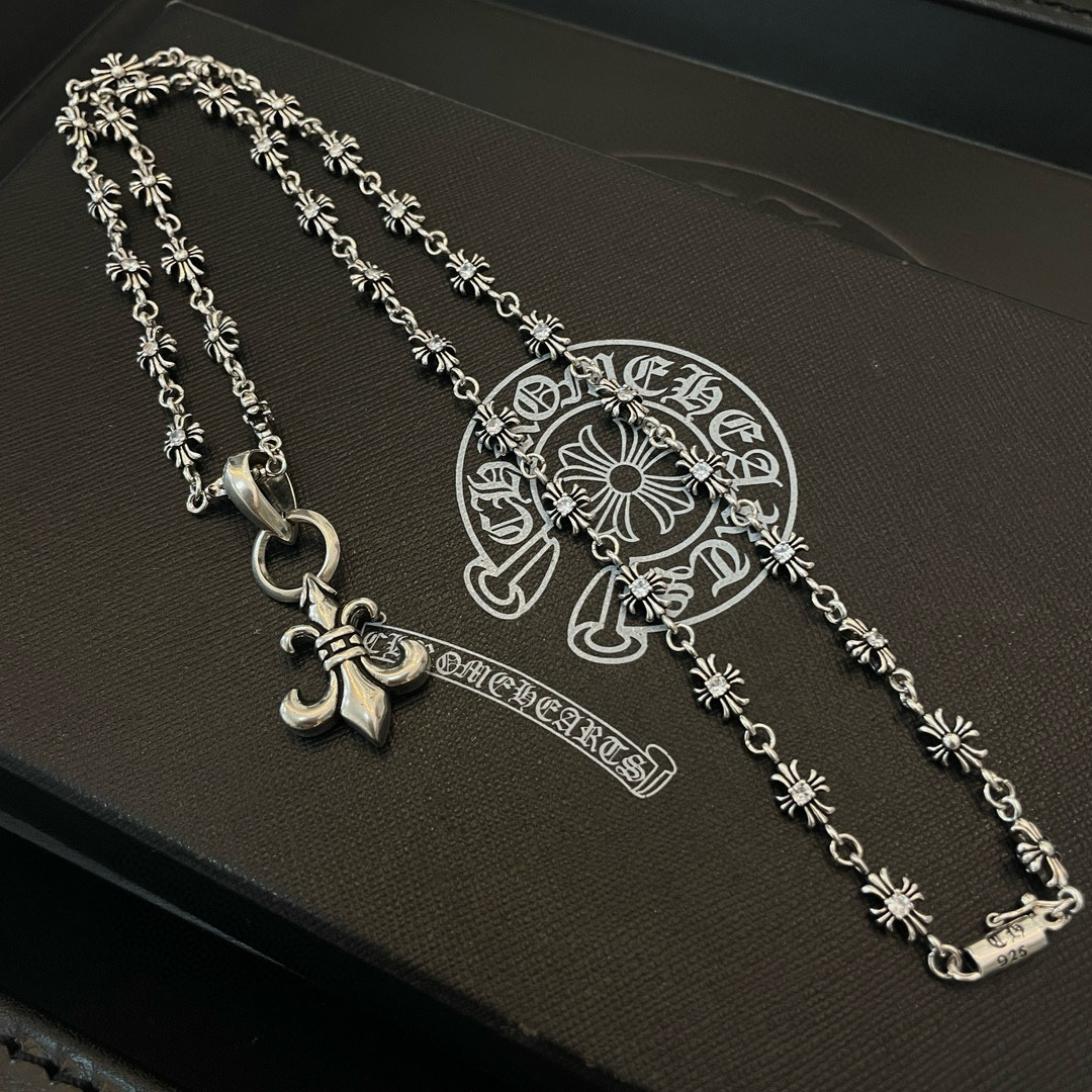 Chrome Hearts Sterling Silver Fleur - de - Lis Pendant Necklace (Floral - Linked Chain) CH - FLL01