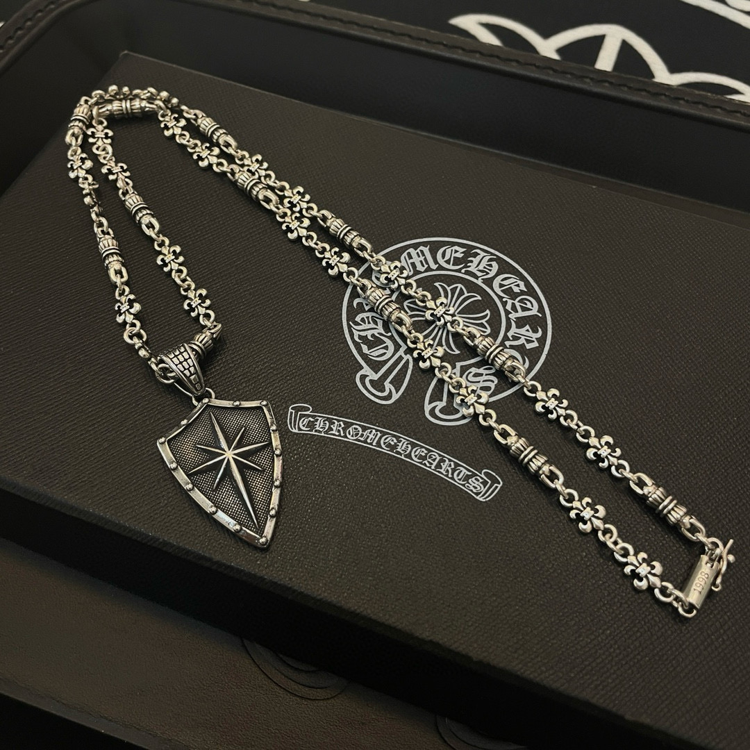 Chrome Hearts Sterling Silver Shield & Starburst Pendant Necklace (Fleur - de - Lis Chain) CH - SSD01