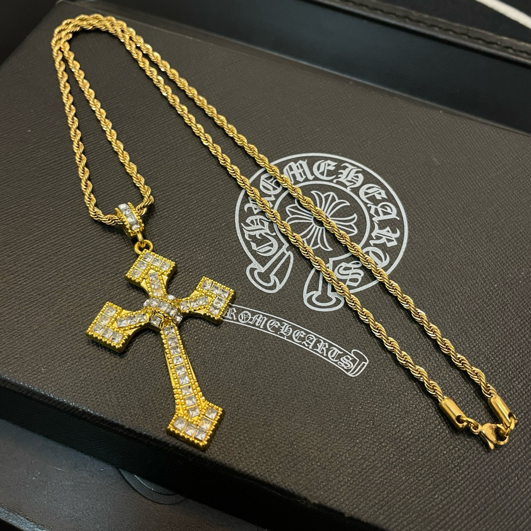 Chrome Hearts Gold - Plated Sterling Silver Baguette Diamond Cross Pendant Necklace CH - GXC02