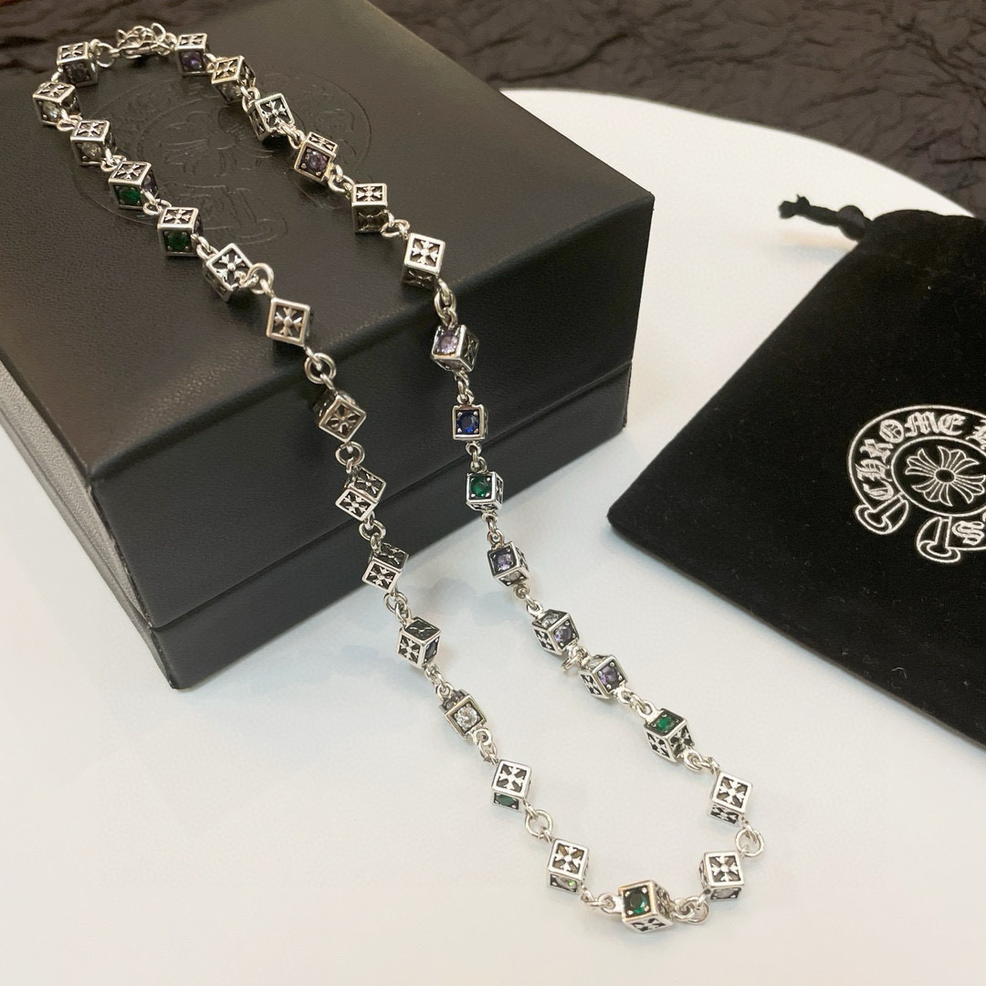 Chrome Hearts Sterling Silver Multi - Gem Cube - Linked Chain Necklace CH - GCL01