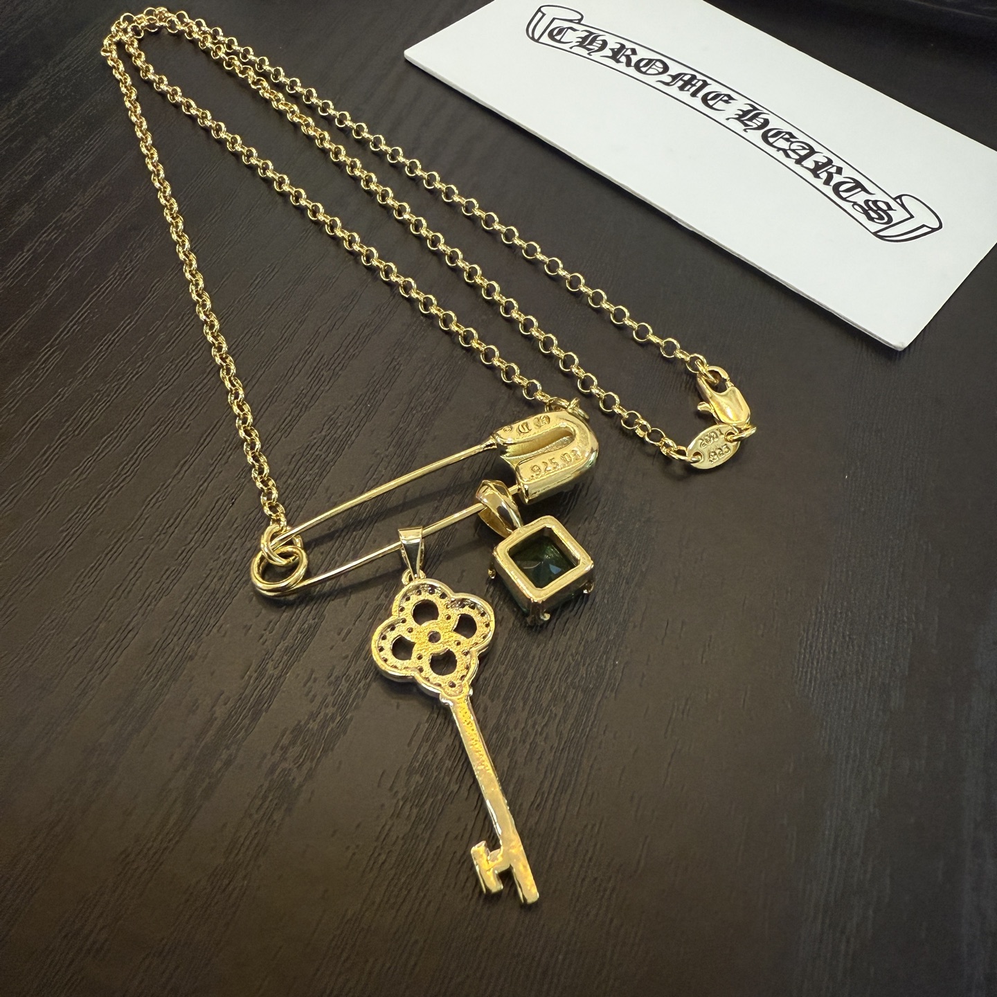 Chrome Hearts Gold - Plated Sterling Silver Multi - Pendant Necklace (Safety Pin, Emerald Gem, Diamond Key) CH - SK01